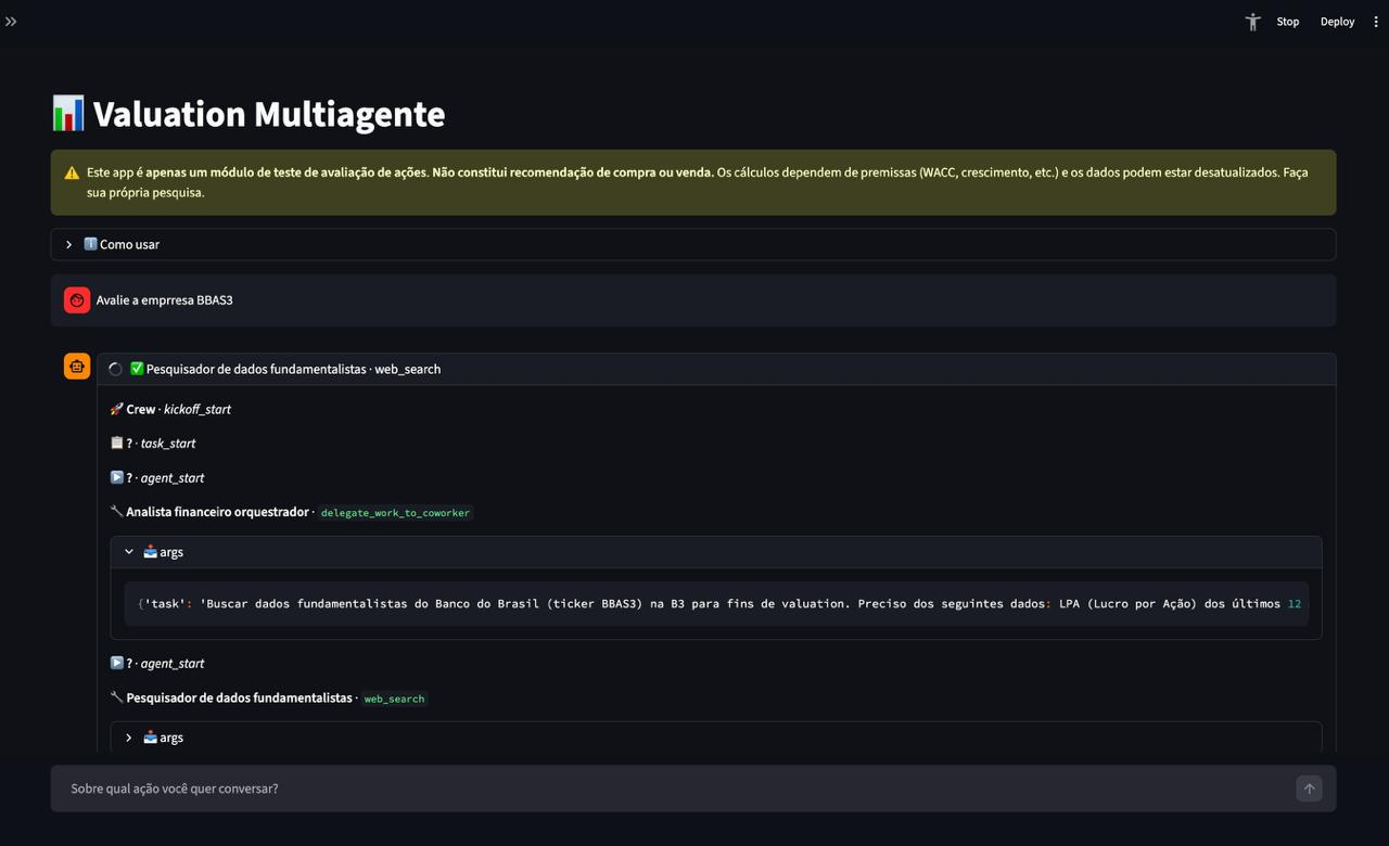 Tela inicial do Valuation Multiagente